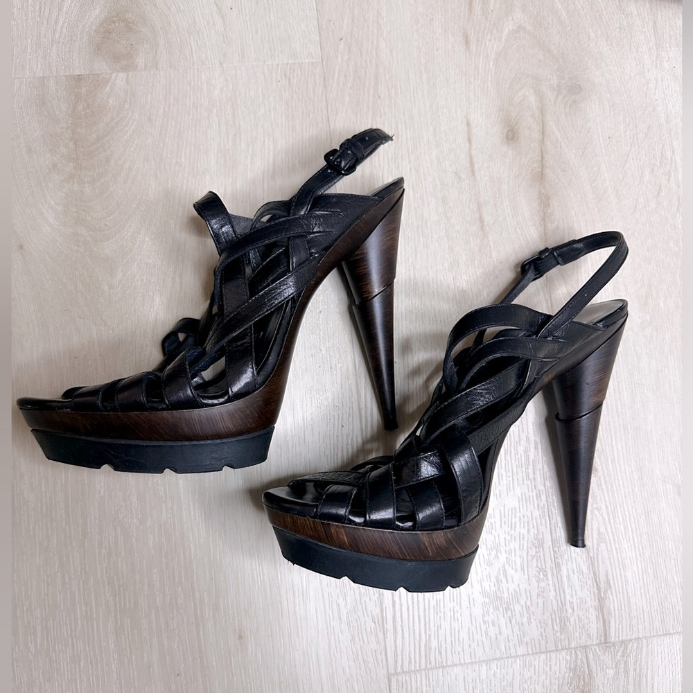 STUART WEITZMAN Spray Women’s Black High Heel Platform Saddle Old West Sandals